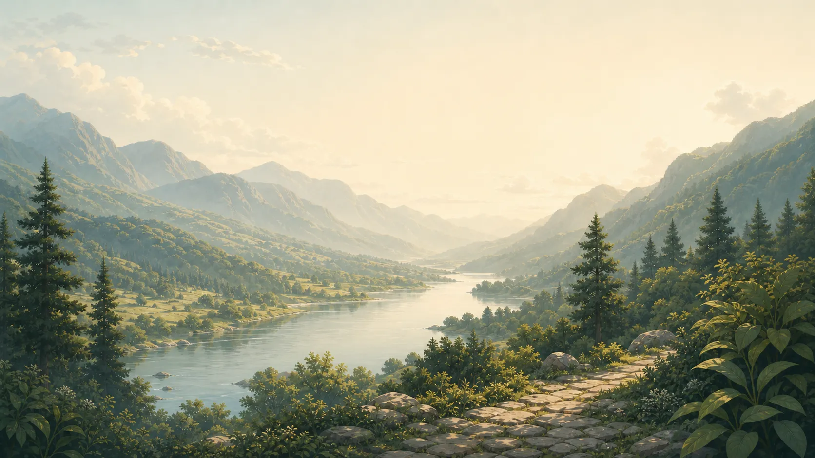 A quiet sunlit river valley framed by pine trees, a stone path, and layered blue-green mountains